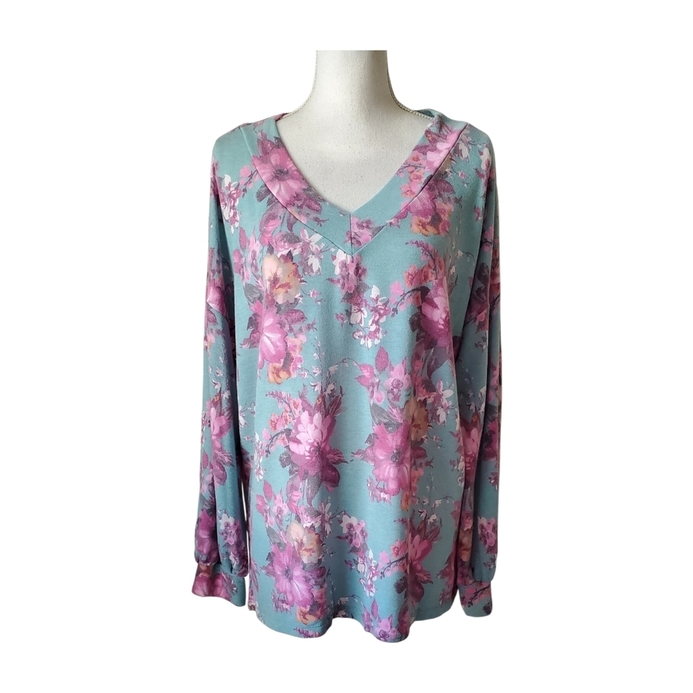 White Birch Floral Cottagecore V-Neck Knit Top Long Sleeve Pink and Teal Size L